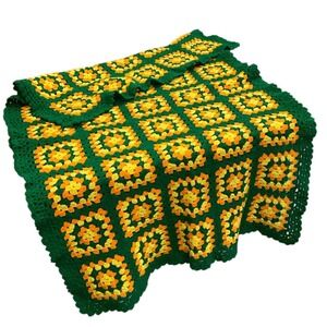 Vintage Crochet Granny Square Afghan Green Yellow Sofa Throw Roseanne Couch